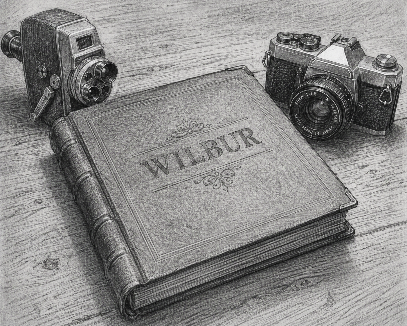 A closed leather photo album titled WILBUR resting on a wooden table between a vintage 8mm movie camera and a 35mm camera